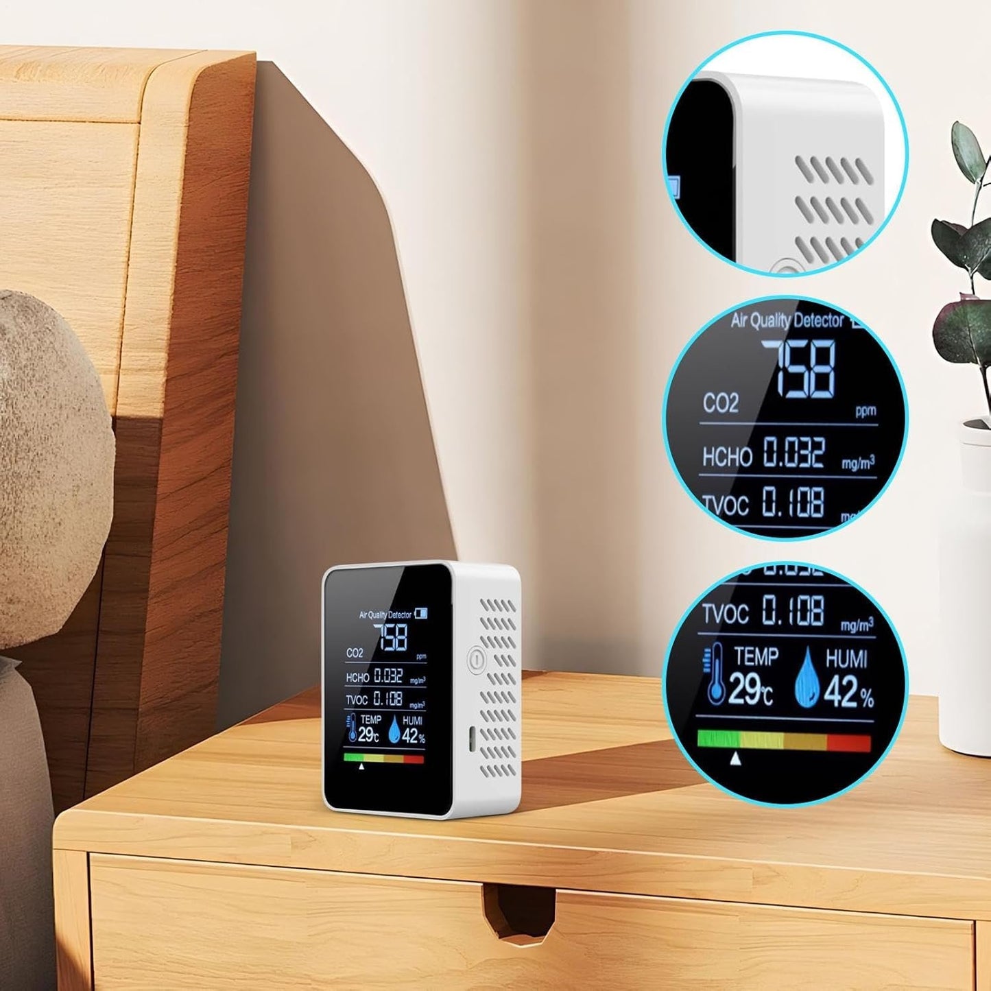 Air Quality Monitor, Portable Accurate Air Quality Measurement Device With Clear Display, CO₂ Detection For Home, Bedroom, Safety, Grow Tents, Indoor Testing, Health Monitoring