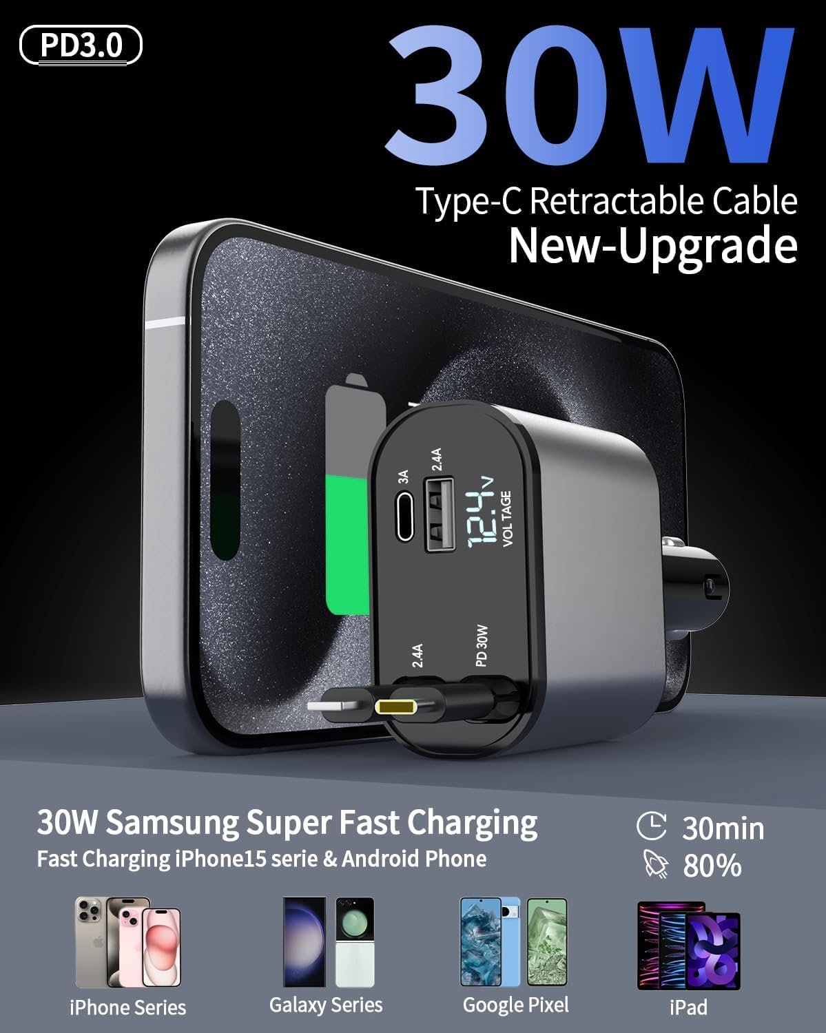 Aimtel Retractable Car Charger, USB Car Charger, Fast Charging Cables (2.6 Ft) and 2 USB Ports Car Charger Adapter Compatible with iPhone/Galaxy/Google/Huawei/Tablet