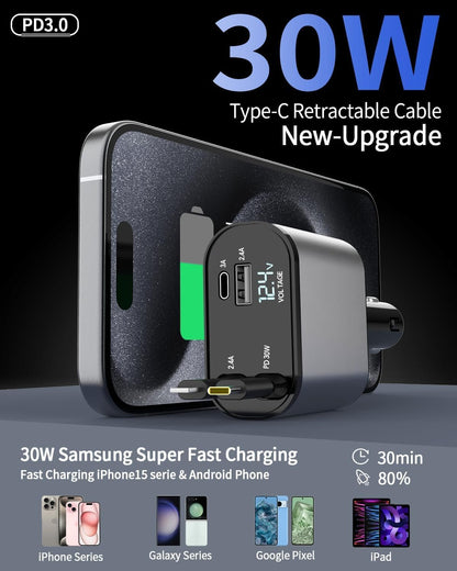 Aimtel Retractable Car Charger, USB Car Charger, Fast Charging Cables (2.6 Ft) and 2 USB Ports Car Charger Adapter Compatible with iPhone/Galaxy/Google/Huawei/Tablet