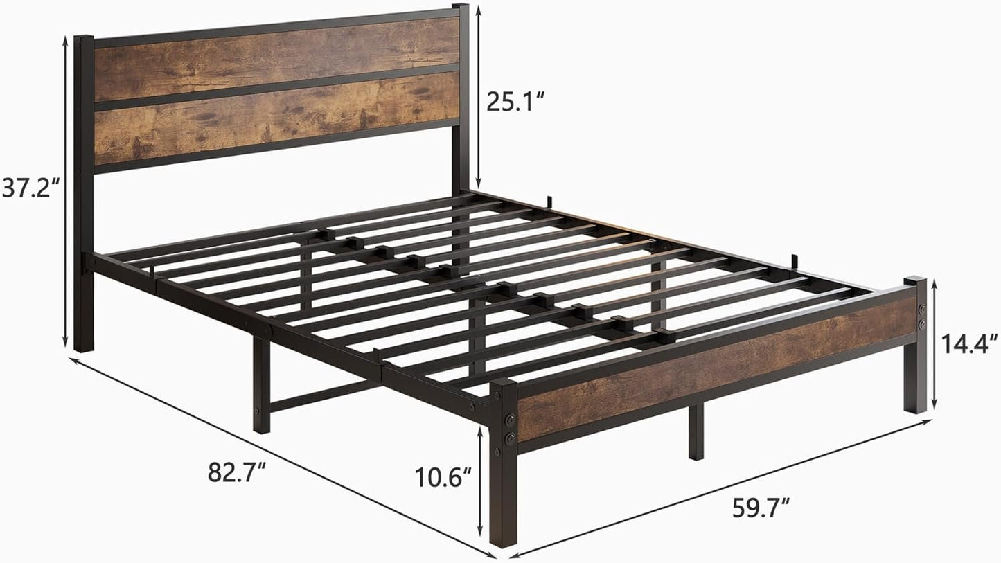 DUMEE Queen Bed Frame with Wood Headboard and Footboard, Metal Bed Frame Queen Size Under Bed Storage, No Box Spring Needed, Enhanced Support Noise Free (Black+Brown Oak)