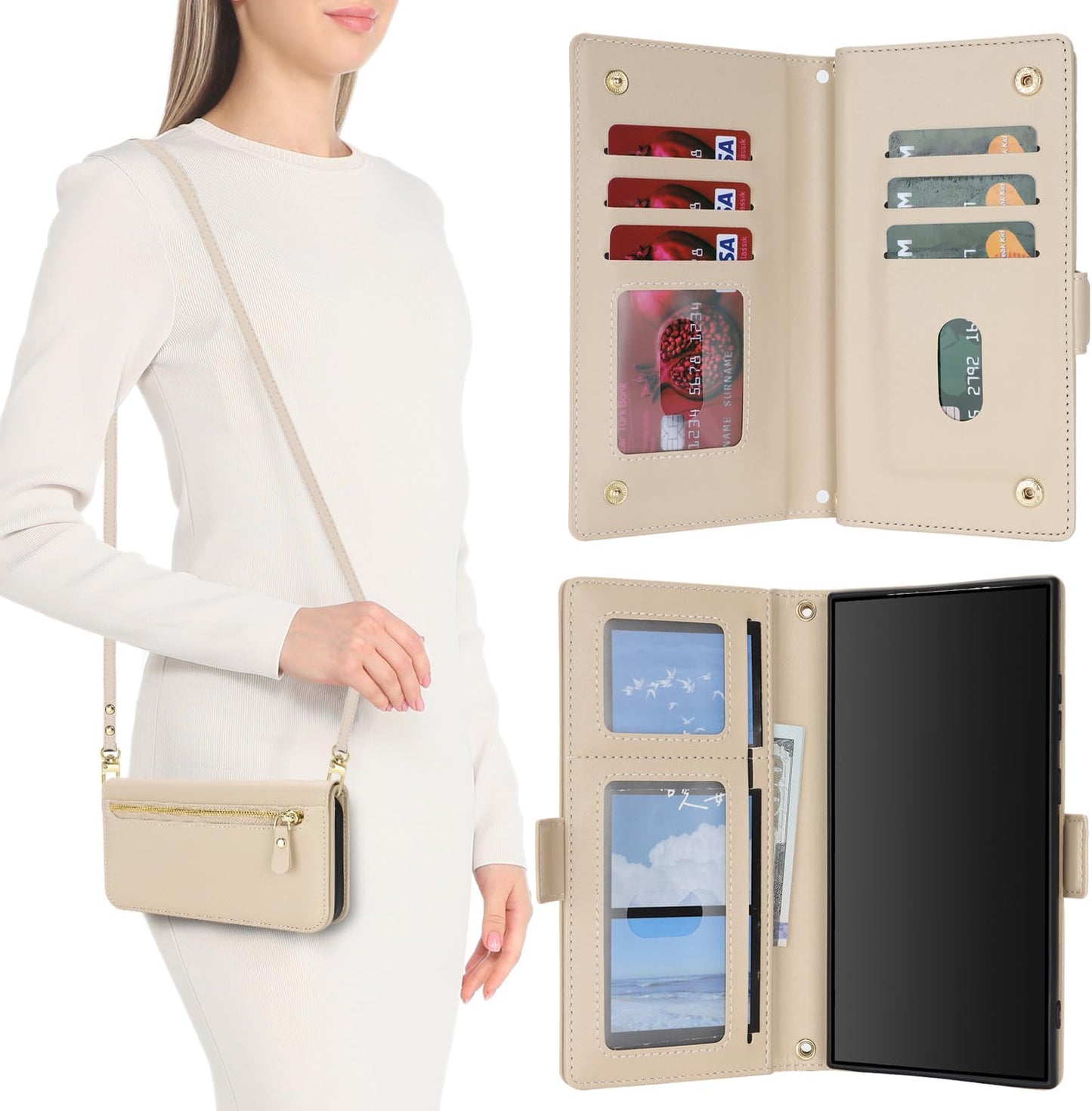 SunYoo for Samsung Galaxy S23 Ultra Wallet Case for Women,for Galaxy S23Ultra Case with Strap Crossbody Lanyard,Leather Shockproof Card Holder Stand Zipper Pocket Flip Phone Case Cream
