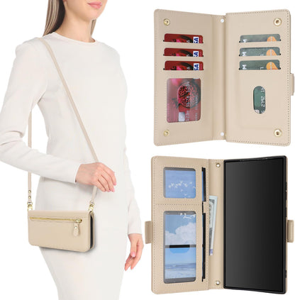 SunYoo for Samsung Galaxy S23 Ultra Wallet Case for Women,for Galaxy S23Ultra Case with Strap Crossbody Lanyard,Leather Shockproof Card Holder Stand Zipper Pocket Flip Phone Case Cream