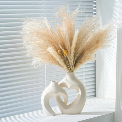 Ceramic Vase for Home Decor, Snuggle Hollow Ceramic Vase Set of 2, Nordic Modern Boho ins Style Heart Shaped Pampas Grass Flower Vases for Living Room Table Decorations (Beige W 6.3" X H 8.1")
