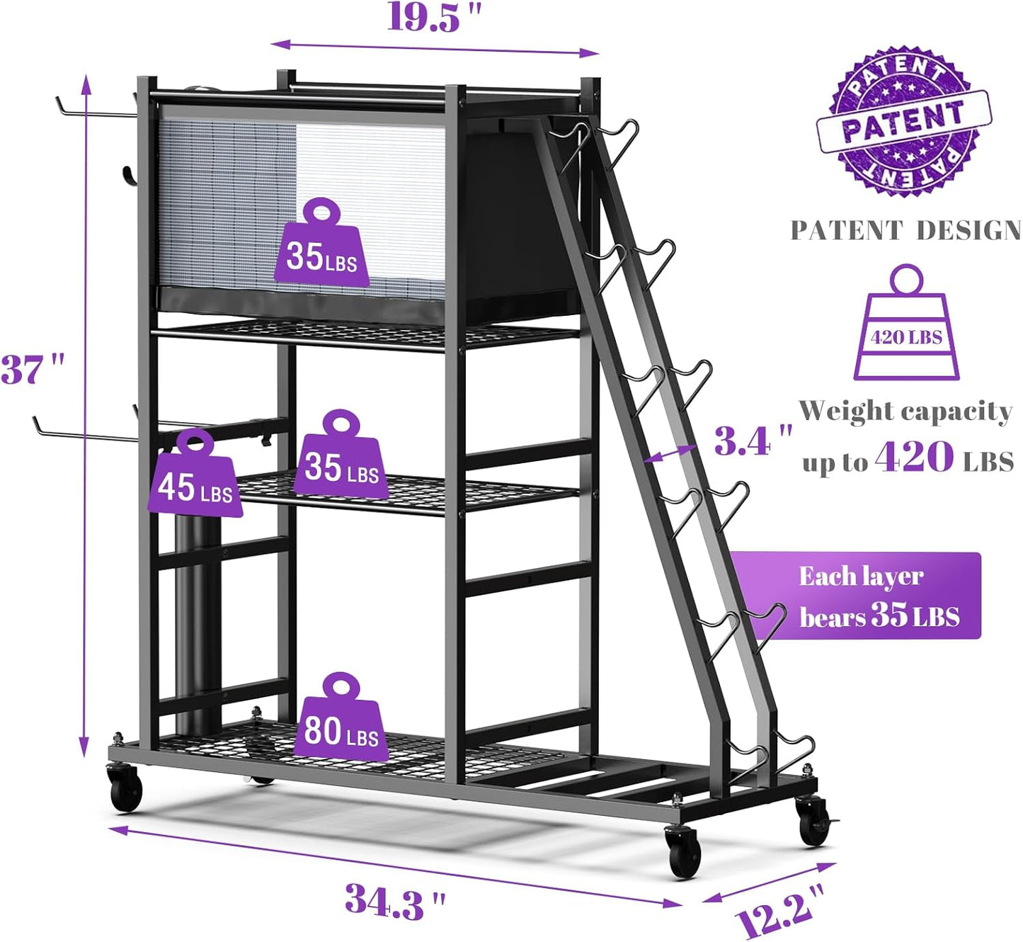 Mythinglogic Weight Rack for Dumbbells, Home Gym Storage for Yoga Mat Dumbbells Kettlebells and Strength Training Equipment, Dumbbell Rack with Wheels and Hanging Hooks