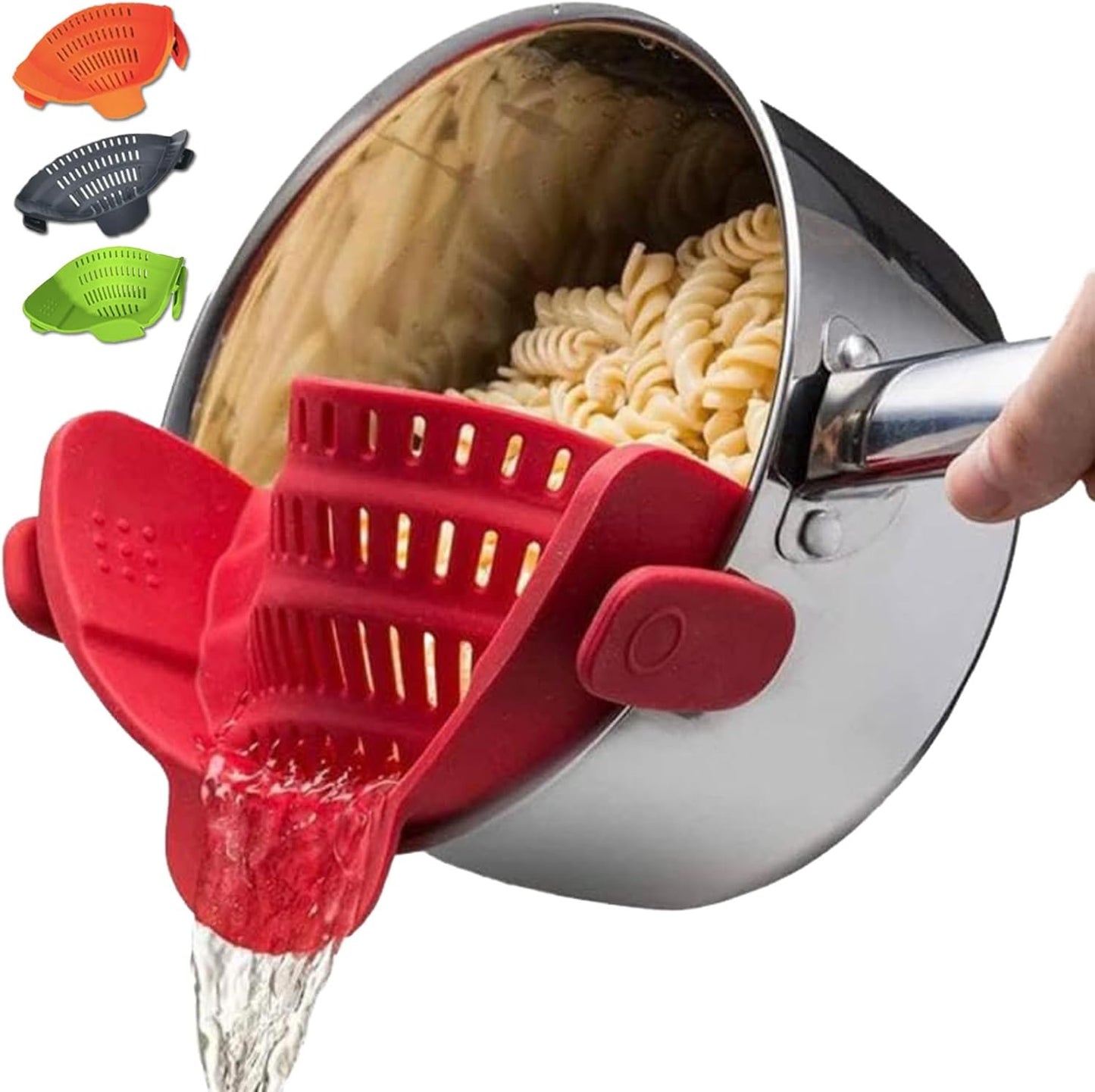 Denmate Original Kitchen Strainer for Pots, Pans, and Bowls Adjustable Silicone Clip on Colander Snap N Strain Kitchen Gadget for Fruits, Veggies, Salads, Pasta, & More Dishwasher Safe Red