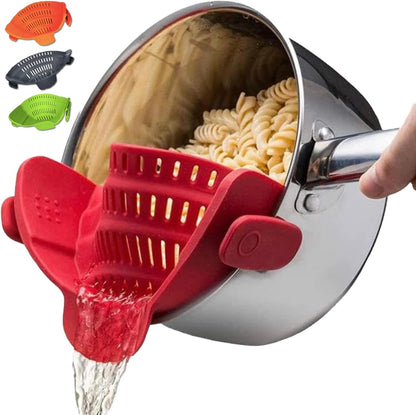 Denmate Original Kitchen Strainer for Pots, Pans, and Bowls Adjustable Silicone Clip on Colander Snap N Strain Kitchen Gadget for Fruits, Veggies, Salads, Pasta, & More Dishwasher Safe Red
