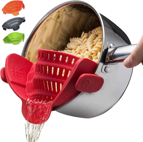 Denmate Original Kitchen Strainer for Pots, Pans, and Bowls Adjustable Silicone Clip on Colander Snap N Strain Kitchen Gadget for Fruits, Veggies, Salads, Pasta, & More Dishwasher Safe Red