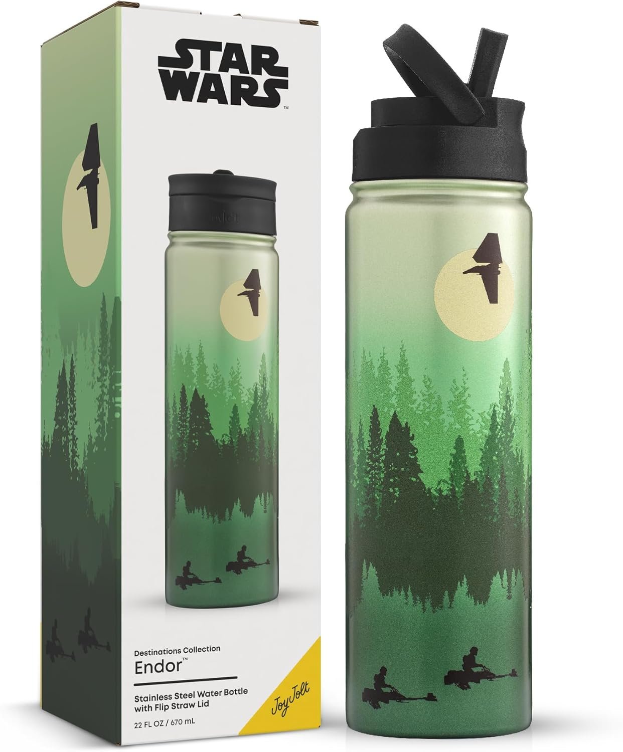 JoyJolt Stainless Steel Star Wars Water Bottle 22 oz with Straw Lid, BPA-Free Sports and Travel Vacuum Insulated Water Bottle, Destination Collection Endor Bottle, Star Wars Gifts