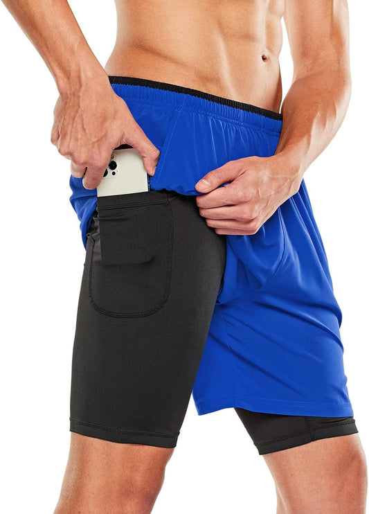 TSLA Men's 2 in 1 Active Running Shorts, Quick Dry Exercise Workout, Gym Training Athletic Shorts with Pockets
