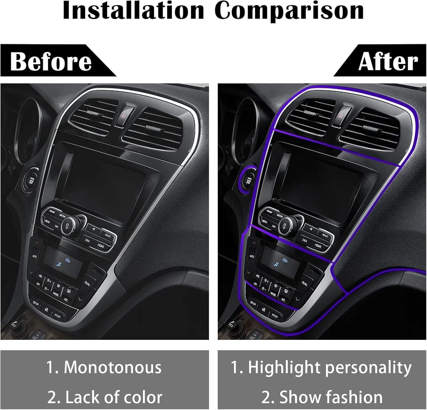 Car Interior Trim Strips, Universal 33ft(10m) Car Electroplating Decoration Styling Door Dashboard, Flexible Interior Trim Accessories with Installing Tool (Purple)