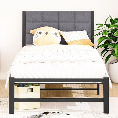 JUISSANO Twin Bed Frame with Upholstered Headboard,Single Bed Frame Twin Size Mattress Base,Metal Platform Bed Frame,Heavy Duty Metal Slats/No Box Spring Needed/Under Bed Storage,No Noise,Grey Linen