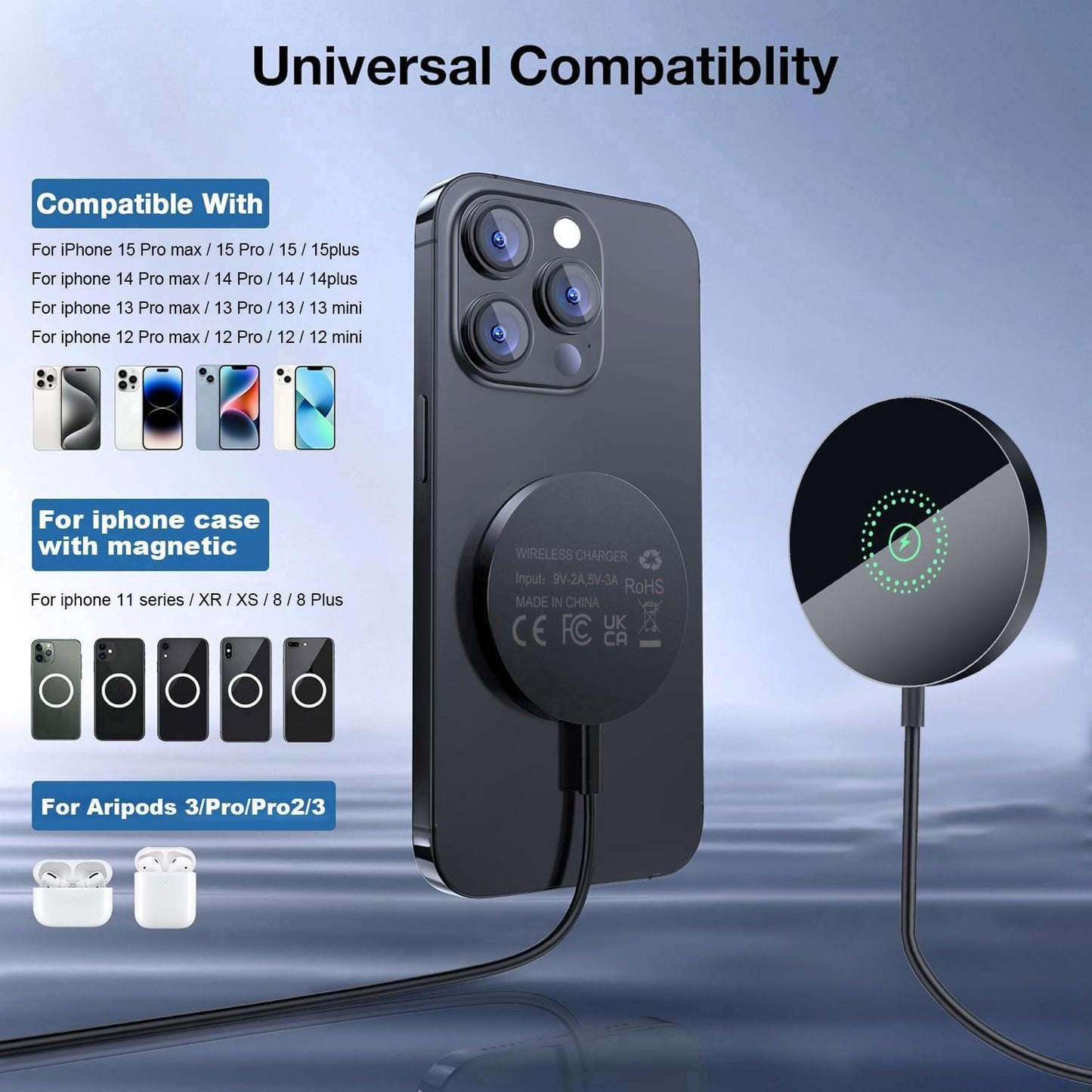 Magnetic Wireless Charger Compatible with Mag-Safe Charger, 15W Fast Charging Wireless Charger Pad for iPhone 16 15 14 Pro/Pro Max/Plus, 13 12 Pro/Pro Max/Mini
