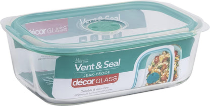 Decor Vent & Seal Glass Oblong Food Container, 1.5 Liter Capacity, Transparent