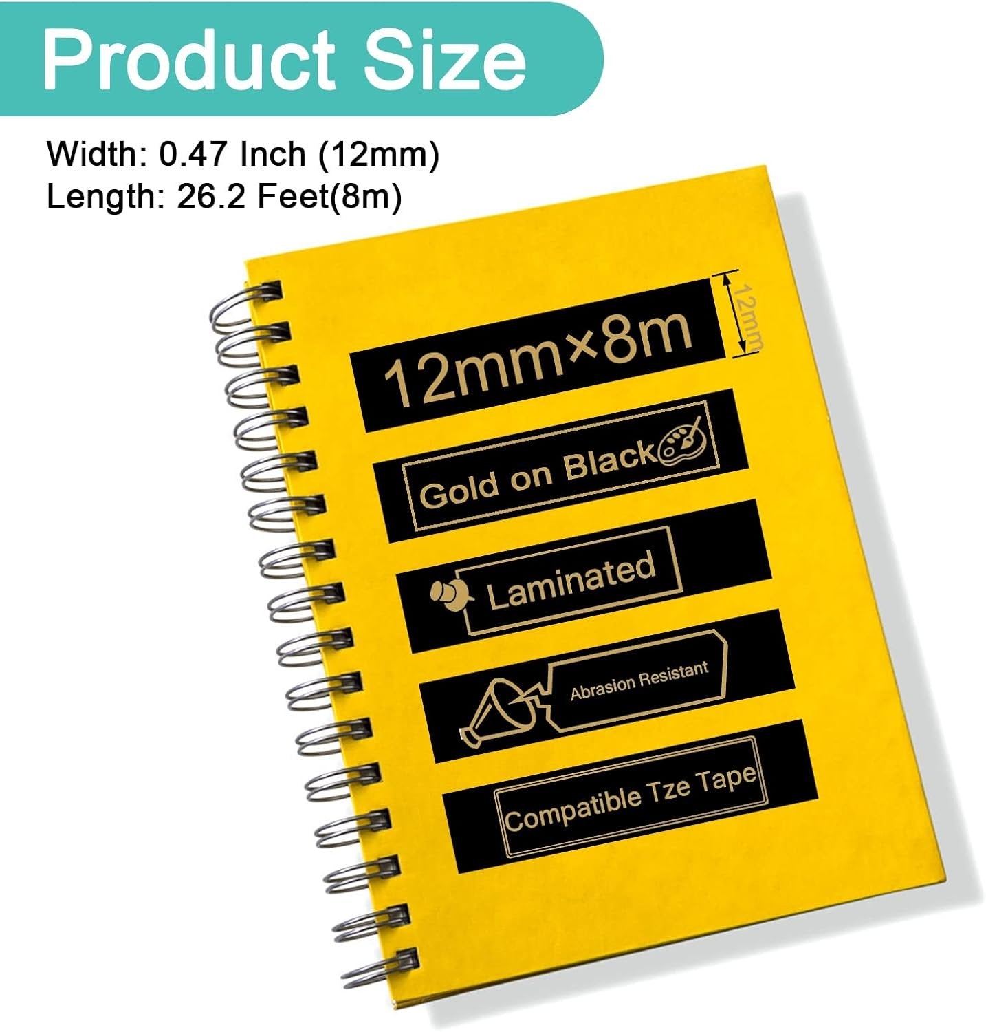 NineLeaf 1 Pack Compatible for Brother TZe-334 TZe334 TZ-334 TZ334 Label Tape 12mm 1/2'' 0.47'' Gold on Black Standard Laminated Labeling Work with PT-D210 PTD400AD PTH110 PT-D600 Label Maker