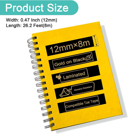 NineLeaf 1 Pack Compatible for Brother TZe-334 TZe334 TZ-334 TZ334 Label Tape 12mm 1/2'' 0.47'' Gold on Black Standard Laminated Labeling Work with PT-D210 PTD400AD PTH110 PT-D600 Label Maker