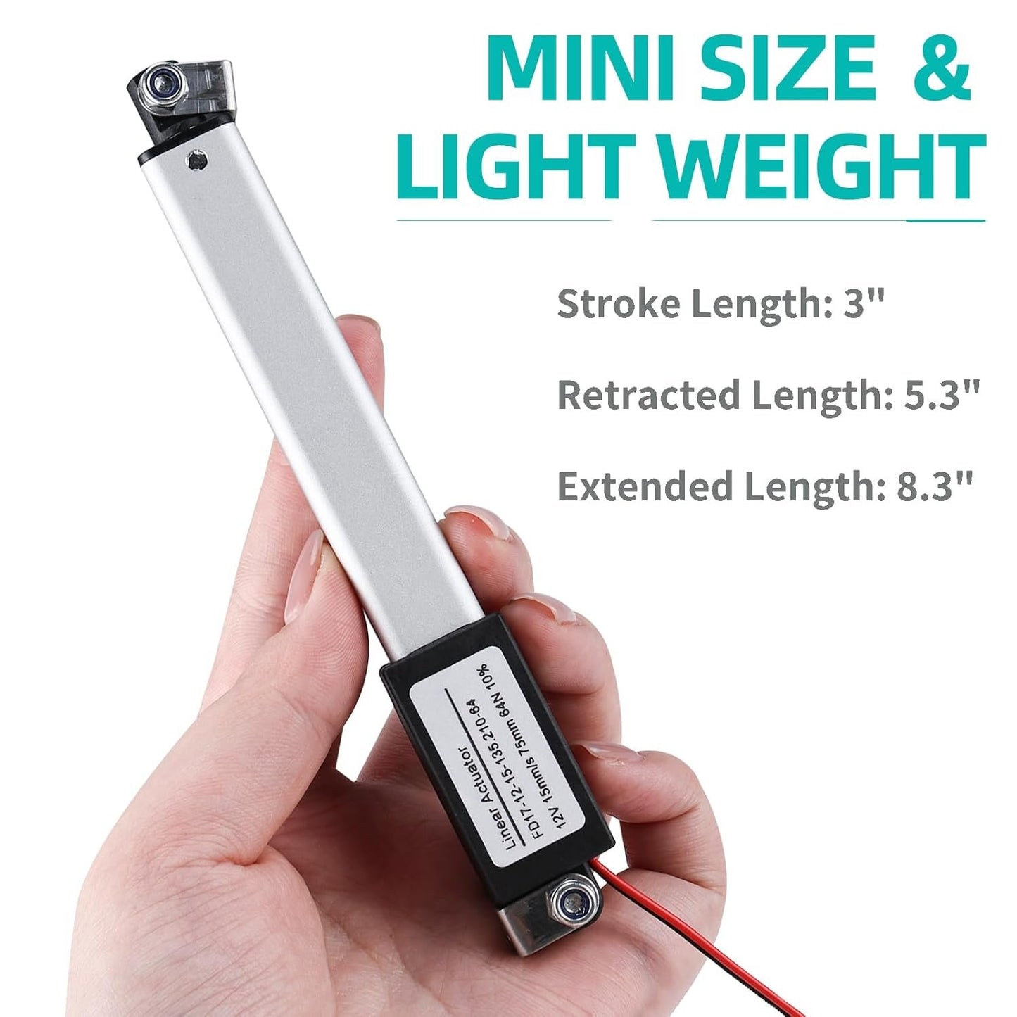 NORJIN DC12V 3inch Stroke Min Linear Actuator with Mounting Bracket 64N/14lbs Speed 15mm/s, Waterproof Electric Actuator Motor for TV, Table, Cabinets, Window Opener, Home Automation