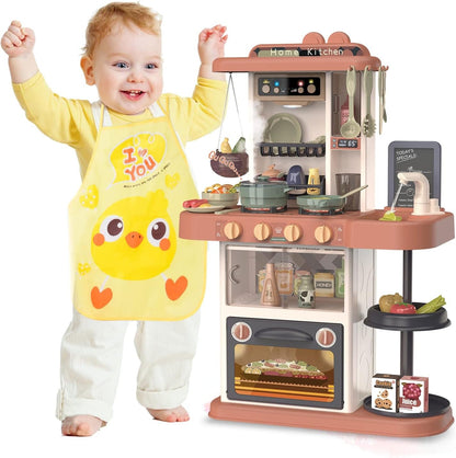 PanKome Kitchen Toy for Kid, Kitchen Playset Pretend Food - Toy Accessories Set w/ Real Sounds & Light, Play Sink, Cooking Stove with Steam, 44 PCS Kitchen Toys for Toddlers Kids, Girls & Boys (Orange)