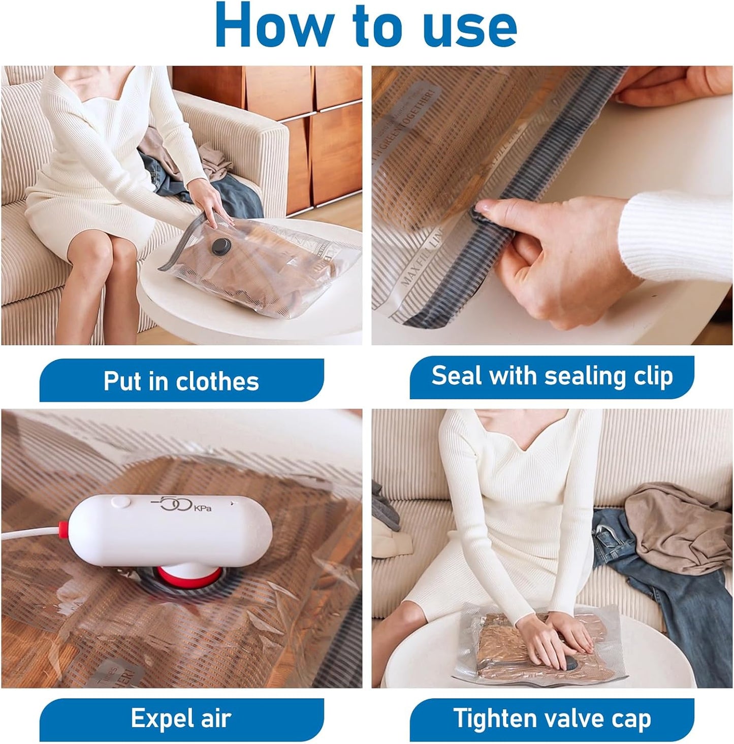 Vacbird Vacuum Bags Clothes with USB Electric Pump, 9 Pieces of Vacuum Bags (3 x 40 x 40 cm / 3 x 40 x 50 cm / 3 x 40 x 60 cm) Vacuum Bags Travel Clothes, Reusable, Space-Saving