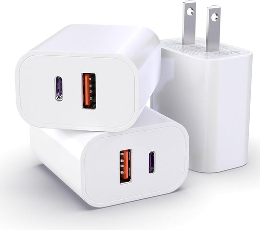 3 Pack USB C Charger Block, 20W Dual Port PD+QC Power Wall Adapter, Quick Fast Charging Plug Cube for iPhone 15/14/13/12/11/Pro Max/XS/XR/X, Galaxy S24/S23/S22, LG and More