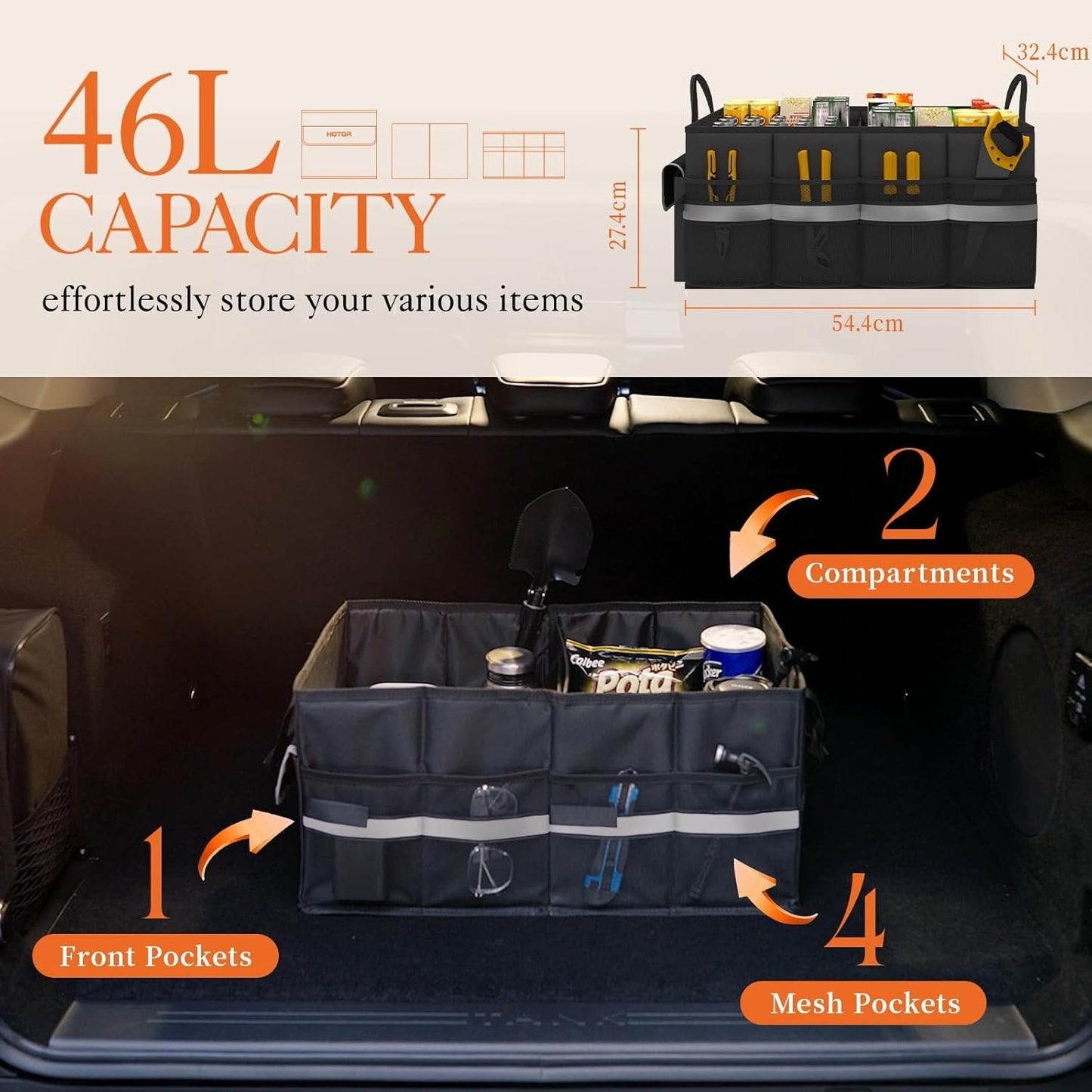 HOTOR Foldable Trunk Organizer - SUV, Sedan & Van Compatible, Sturdy Base Panel for Car Accessories, Black, 2 Compartments, 54.4×32.4×27.4cm