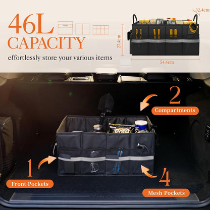 HOTOR Foldable Trunk Organizer - SUV, Sedan & Van Compatible, Sturdy Base Panel for Car Accessories, Black, 2 Compartments, 54.4×32.4×27.4cm