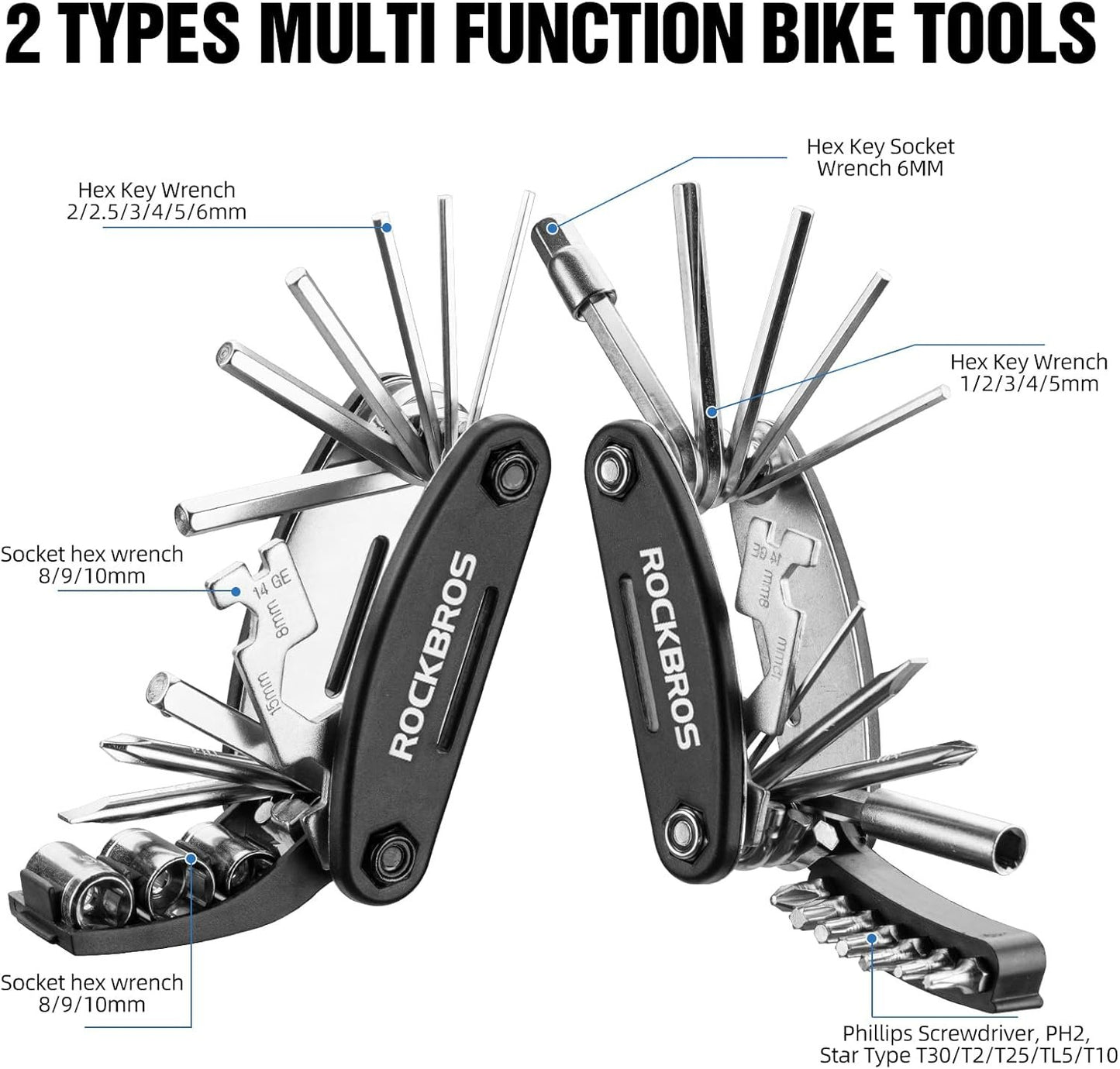 ROCKBROS Bike Repair Kits 16 in 1 Multi-Function Bike Tool Kits Portable Foldable Bike Multitool Cycling Tool Kit Bike Tool Allen Wrench Tire Levers