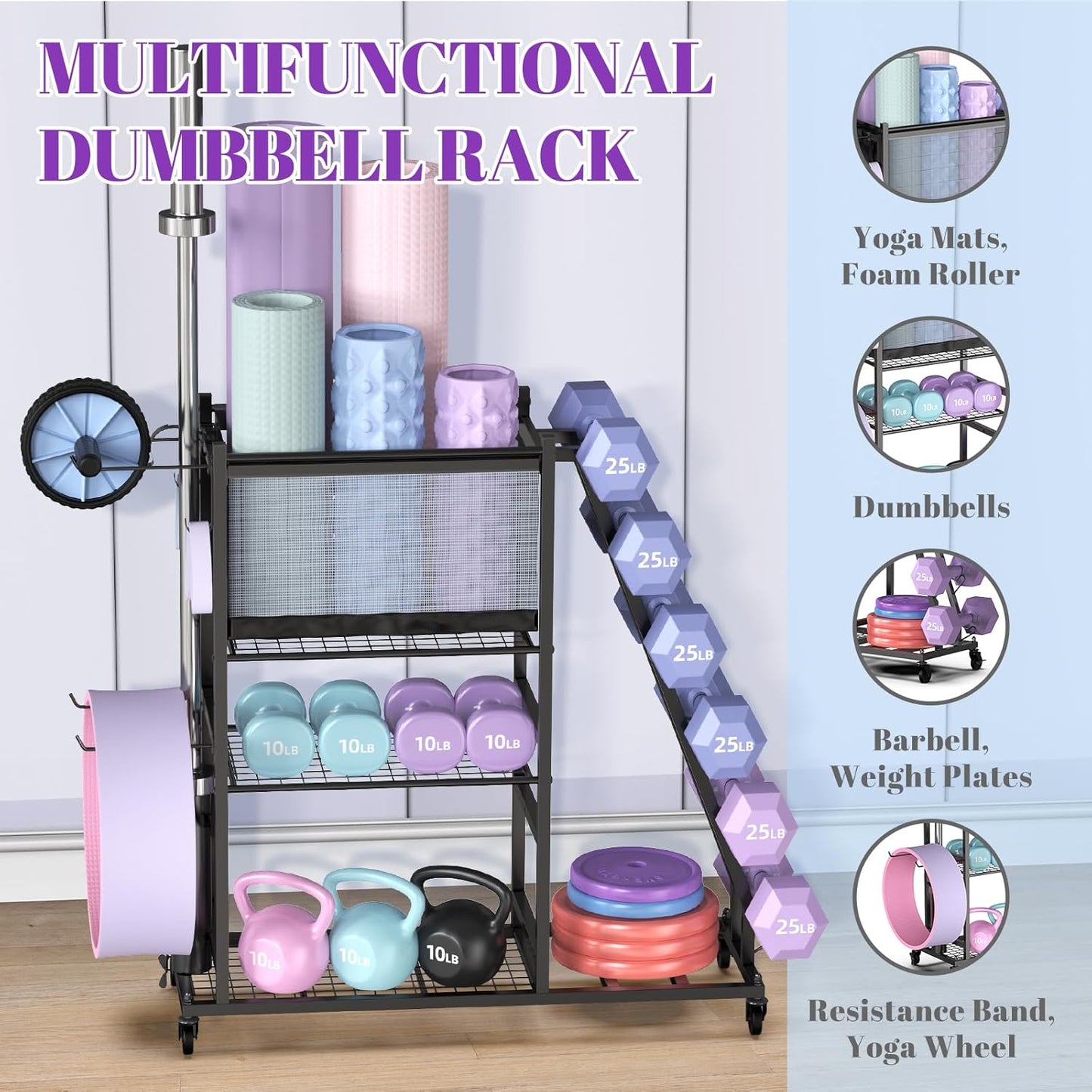 Mythinglogic Weight Rack for Dumbbells, Home Gym Storage for Yoga Mat Dumbbells Kettlebells and Strength Training Equipment, Dumbbell Rack with Wheels and Hanging Hooks