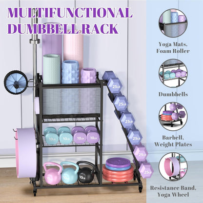 Mythinglogic Weight Rack for Dumbbells, Home Gym Storage for Yoga Mat Dumbbells Kettlebells and Strength Training Equipment, Dumbbell Rack with Wheels and Hanging Hooks
