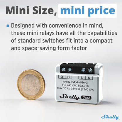 Shelly PM Mini Gen 3 | WiFi & Bluetooth Smart Power Meter 1 Channel 16 A | Home Automation | Compatible with Alexa & Google Home | iOS Android App | No Hub Required | Smart Schedules