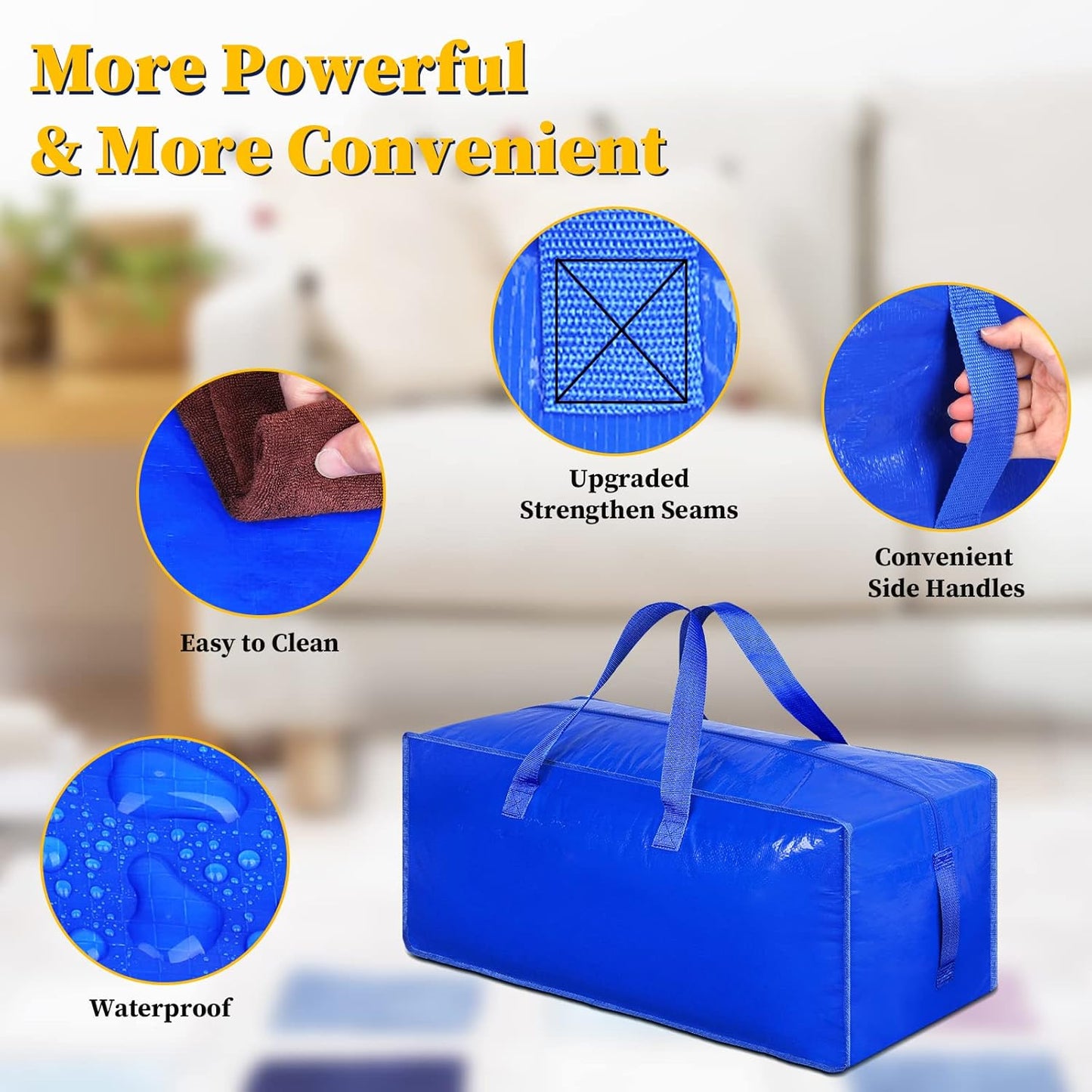 Extra Large Heavy Duty Carry Bags with Backpack Straps, Strong Handles and Zippers, Space Saving Storage Bags, Made of Recycled Material (Blue,Set of 8)
