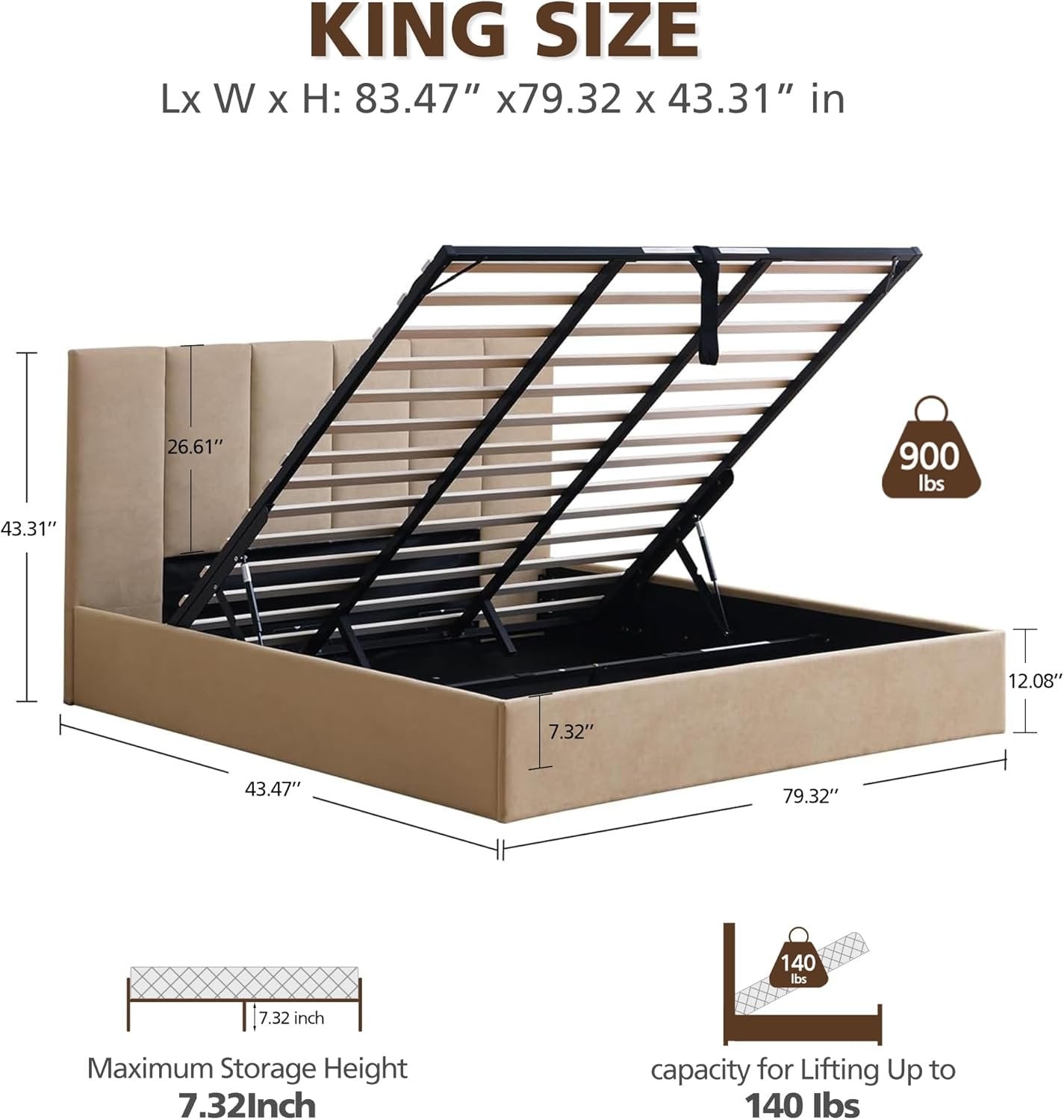 VELOCAVA King Size Lift-Up Storage Bed, Hydraulic Linen Upholstered Bed Frame with Vertical Panel Headboard, Wooden Slat Support, No Box Spring Needed, Easy Assembly, Soft Bed, Beige