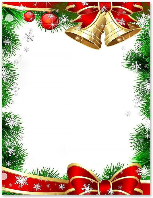 AnyDesign 60Pcs Christmas Stationery Paper Xmas Bell Design Border Letterhead Decorative Letter Writing Paper for Notes Greeting Cards Invitation Office School Printing, 8.5 x 11 Inch