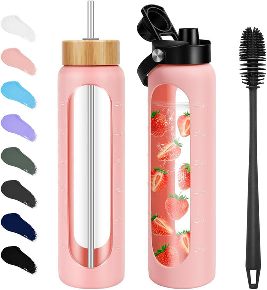 FULBEVY 25 oz Glass Water Bottles - Motivational Tumbler With Time Marker - Borosilicate Glass With Silicone Sleeve and 2 Lids, Handle Spout & Bamboo Straw Lid (Pink)