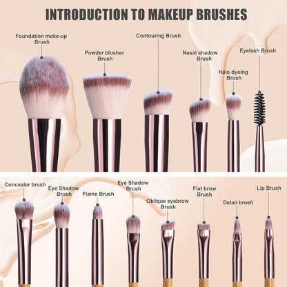 BS-MALL Travel Makeup Brush Set Bamboo Brushes Foundation Powder Concealers Eye Shadows Makeup Set with Mirror Case 14 Pcs
