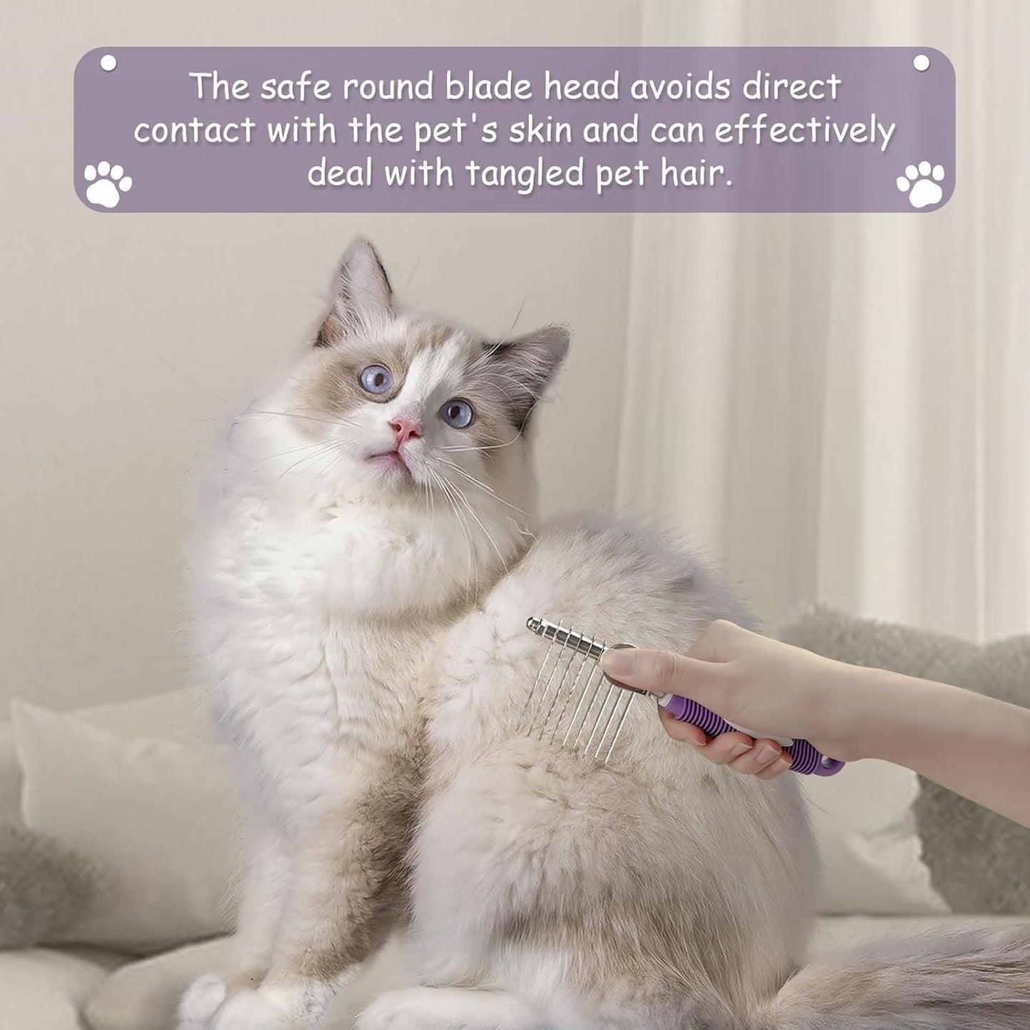 Detangling Pet Comb for Dog & Cat, Grooming Comb with Long & Short Stainless Steel Teeth, Safely Remove Knots & Tangles for Healthy Shiny Coat, Gentle Effective Detangling Tool for Pet Hair (Violet)