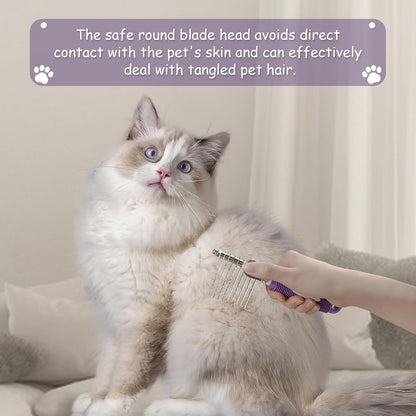 Detangling Pet Comb for Dog & Cat, Grooming Comb with Long & Short Stainless Steel Teeth, Safely Remove Knots & Tangles for Healthy Shiny Coat, Gentle Effective Detangling Tool for Pet Hair (Violet)