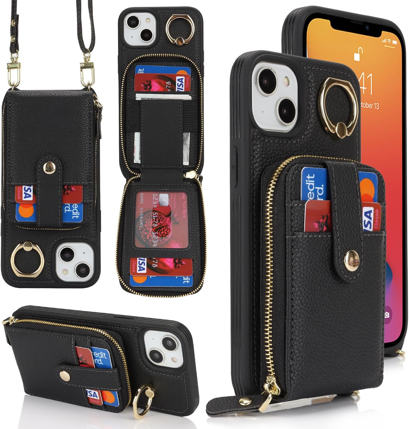 SunYoo for iPhone 13 / iPhone 14 Case Crossbody Shoulder Wallet Leather Cover with Card Holders Rotatable Ring Holder Kickstand Wristlet Long Strap Lanyard Phone Case for iPhone14 iPhone13 Black