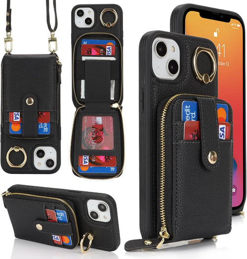 SunYoo for iPhone 13 / iPhone 14 Case Crossbody Shoulder Wallet Leather Cover with Card Holders Rotatable Ring Holder Kickstand Wristlet Long Strap Lanyard Phone Case for iPhone14 iPhone13 Black