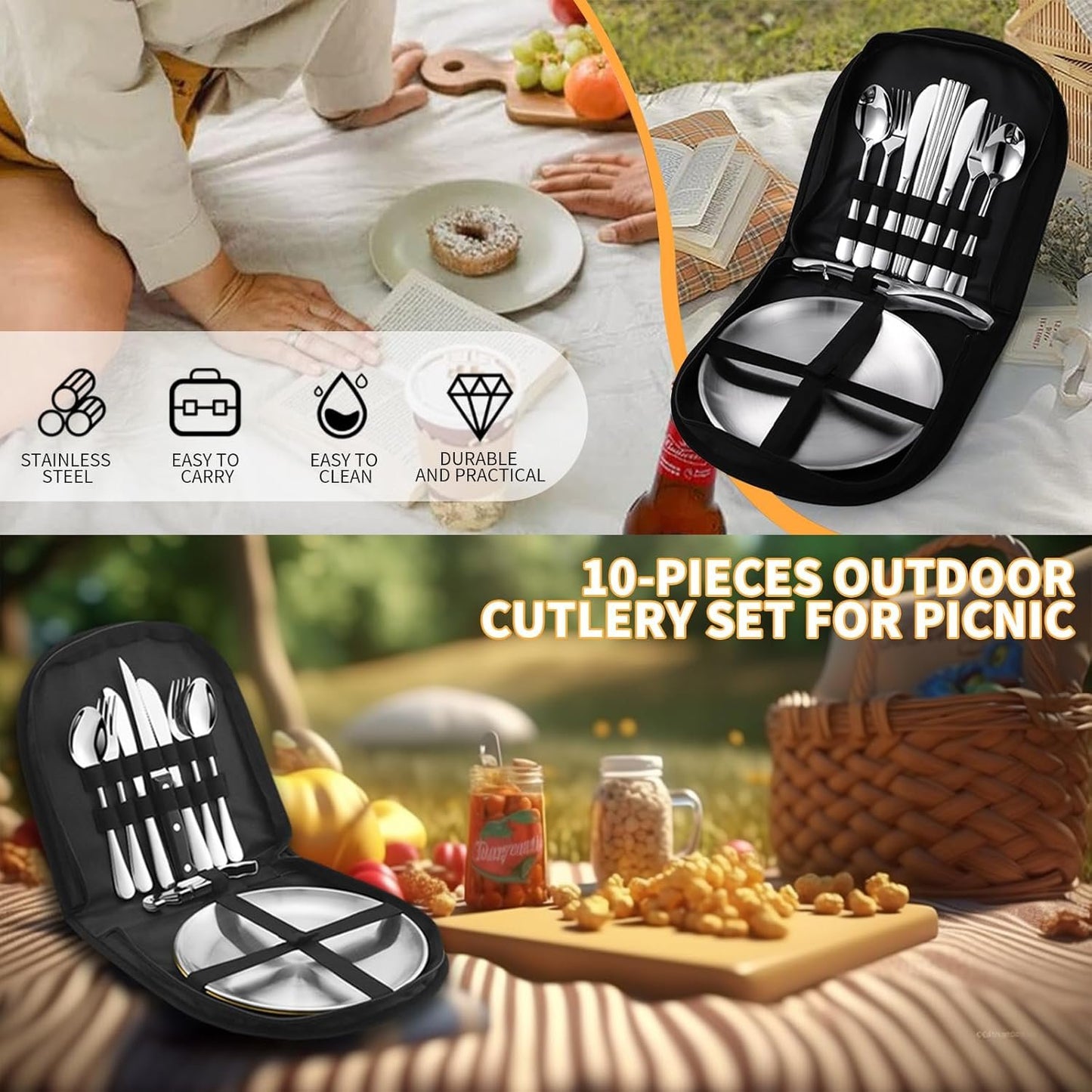 10-Pieces Outdoor Cutlery Set for Picnic, Portable Double Tableware Kit, Stainless Steel Silverware Set with Organizer Bag, Spoon Clip Serrated Knife Fork Plate Utensil Set for Travel Camping (Silver)