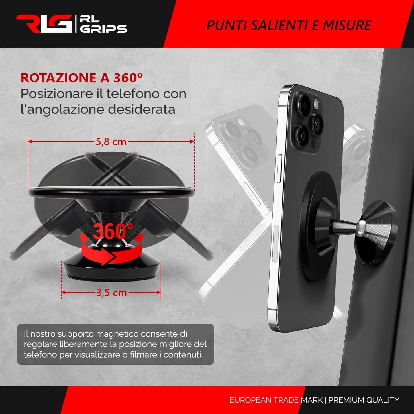 RL Grips® Magnetic Gym Mount with Dual Magnet Compatible MagSafe - Gym Magnet for iPhone with 360º Rotation with 3 Metal Stickers - Phone Holder for Cars and Macchi