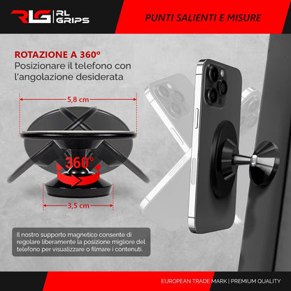 RL Grips® Magnetic Gym Mount with Dual Magnet Compatible MagSafe - Gym Magnet for iPhone with 360º Rotation with 3 Metal Stickers - Phone Holder for Cars and Macchi