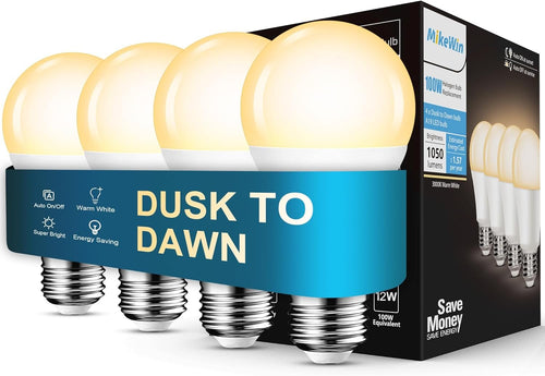 MikeWin Dusk to Dawn Light Bulbs Outdoor, Sensor A19 LED Light Bulb, 13W (100W Equivalent), 1000lm, Auto On/Off Photocell Automatic for Outdoor Lighting, for Porch Garage Yard, 3000K Warm White, 4Pack