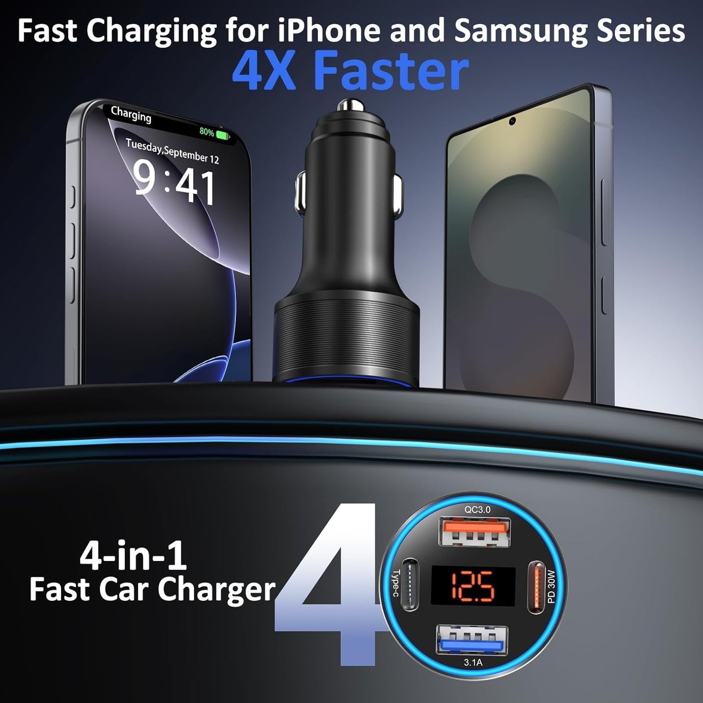 USB C Car Charger, 65W 4-Fast Port Dual 12V USB-C & USB-A Car Adapter QC+PD 3.0 Fast Charging Cigarette Lighter with Voltmeter for iPhone 16e 15 14 13 12 Pro Max, Galaxy, Google Android Phone(Black)