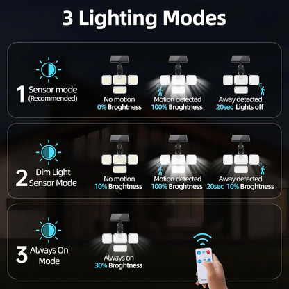 Solar Motion Sensor Light Outdoor-333LED Flood Light Motion Detection Solar Lights, 4 Heads 7000K 3600LM Security Lighting, 3 Modes with Remote Control and Waterproof for Garage Yard Entryways Patio