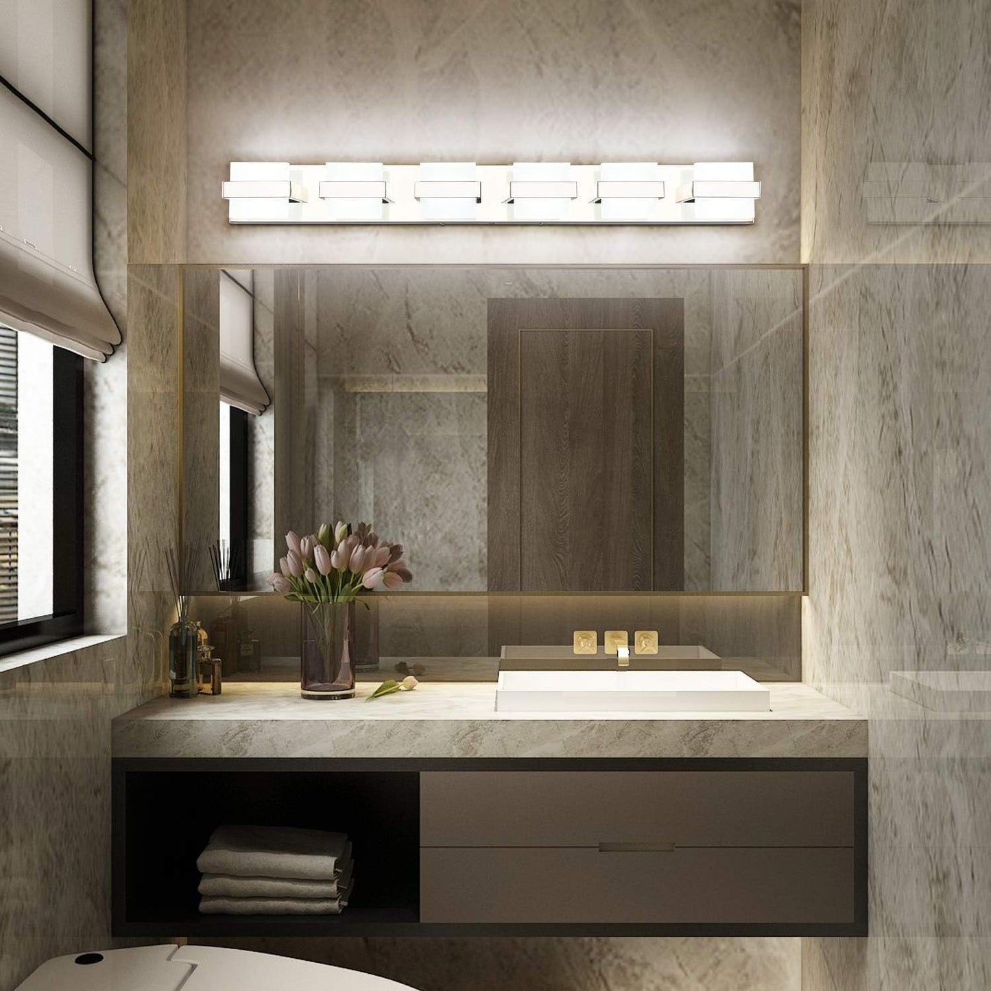 SOLFART 6 Lights Chrome Bathroom Light Fixtures Modern LED Bathroom Light Bathroom Vanity Lights Over Mirror 41 inch White Light Dimmable