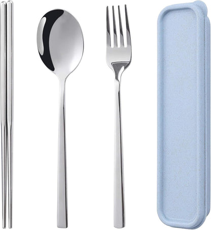 3pc Camping Silverware Set, Stainless Steel Travel Work Flatware Cutlery,Include Fork Spoon Chopsticks,Portable Outdoor Utensil Dinnerware with Case