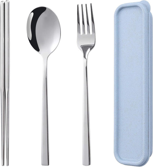 3pc Camping Silverware Set, Stainless Steel Travel Work Flatware Cutlery,Include Fork Spoon Chopsticks,Portable Outdoor Utensil Dinnerware with Case