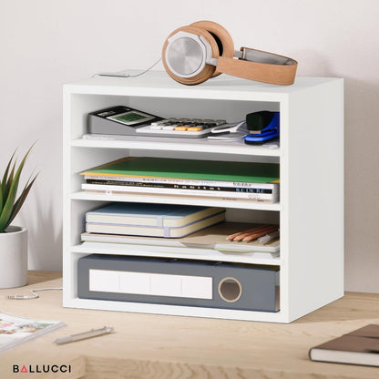 Ballucci 4-Tier Paper Organizer, Desk File Organizer, Stackable Letter Tray, Wood Mail Sorter with Adjustable Storage Shelves, Office Desk Organizer, White