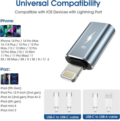 TechMatte USB C Female to Lightning Male Charging Adapter for iPhone, with E-Mark IC Anti-Lost Holder, Support PD Fast Charging, Not Support Headphones/Audio/OTG (2 Pack)