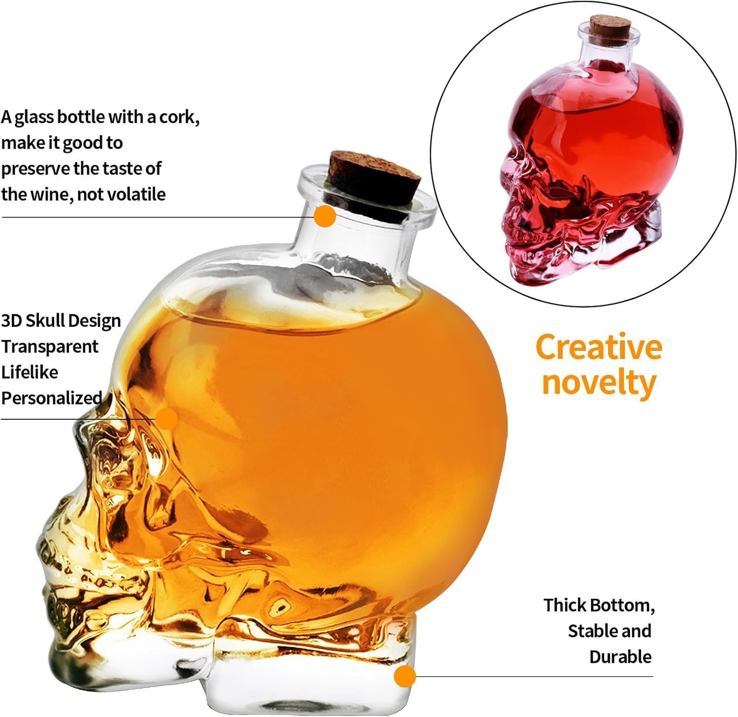 Skull Decanter Lead-free Glass Skull Prop Whiskey Bottle With Cork Stopper Halloween Decoration Novelty Drinkware 750ML (25OZ)